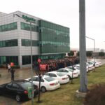 There were noisy protests outside another Schneider Electric plant.