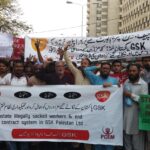 IndustriALL's Pakistani affiliate, the PCEM, demonstrates against the illegal dismissal of over 150 workers at GSK's West Wharf Plant in Pakistan.