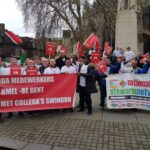 Unite members, joined by Belgian supporters, lobby the UK Parliament on 6 March 2019 to save the Honda plant in Swindon