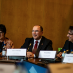 Rosa Pavanelli, PSI, together with Valter Sanches and Kemal Özkan, IndustriALL.