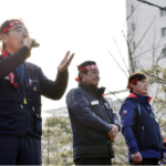KMWU Hyundai Motor Branch Chair Park Yu Gi, KMWU Ulsan Branch Chair Kang Su Yeol, and KCTU Ulsan Regional Council Chair Kwon Ogil speak at the rally. Photo: Dong-Jun SHIN  