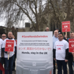 Unite members, joined by Belgian supporters, lobby the UK Parliament on 6 March 2019 to save the Honda plant in Swindon