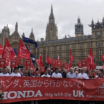 Unite members, joined by Belgian supporters, lobby the UK Parliament on 6 March 2019 to save the Honda plant in Swindon