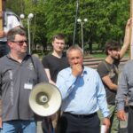 May Day rally 2018, in front line left to right: Sergey Antusevich, deputy-chair of the Congress of Democratic Trade Unions, Gennady Fedynich, chair of the union REP and Nikolay Zimin, chair of the Belarusian Independent Trade Union, BITU. IndustriALL