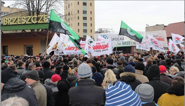 Miners in Poland protesting against plans to close four mines. 