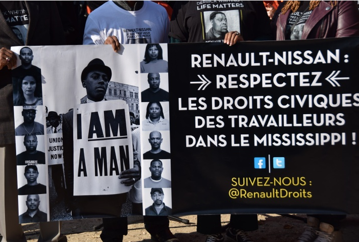Rally in Paris October 2016 calling on Nissan to respect workers' rights in Mississippi.