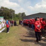 Outsourced workers for Indonesia's largest pulp and paper mill strike in South Sumatra on 13 June.